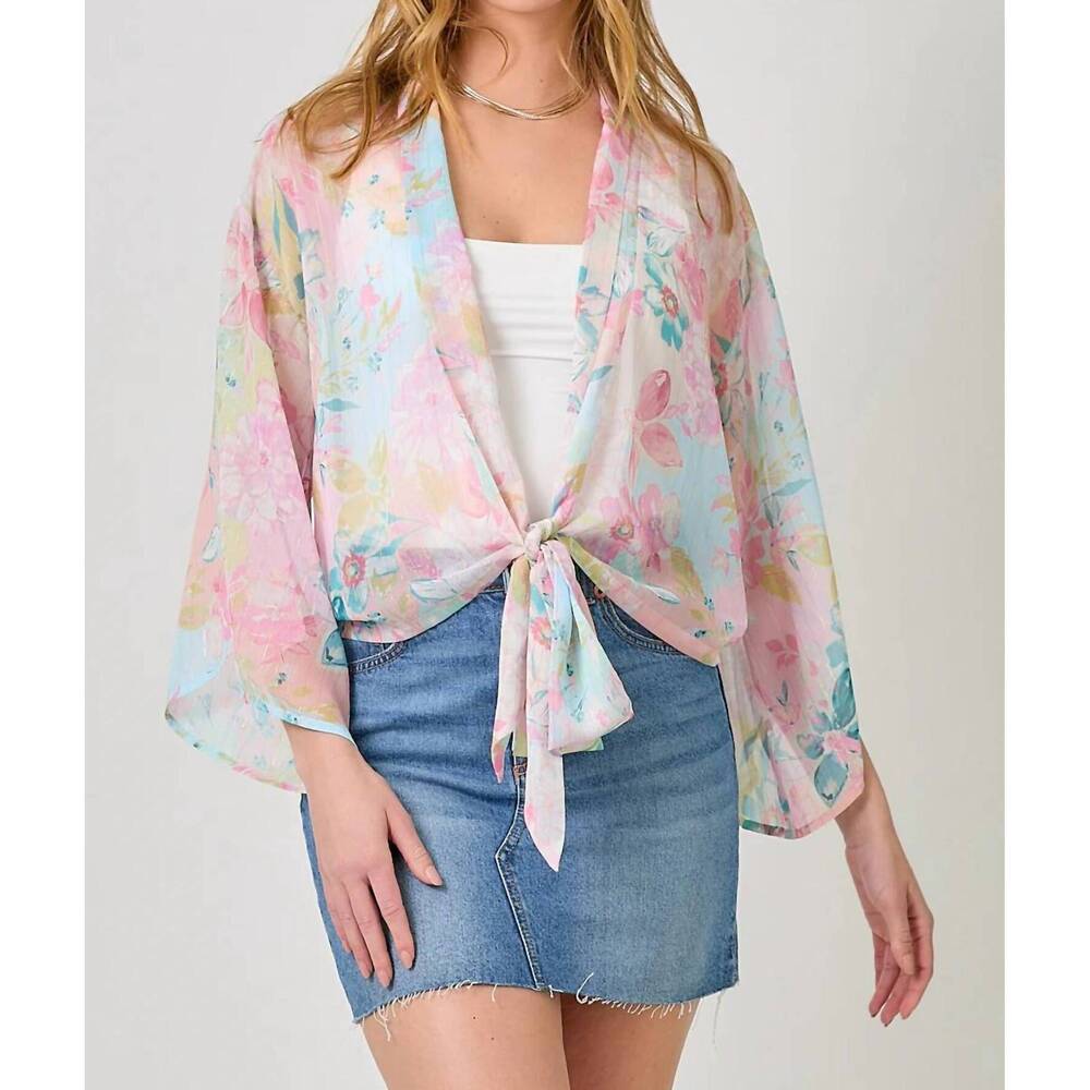NEW MYSTREE flowy tie front kimono in ivory multi